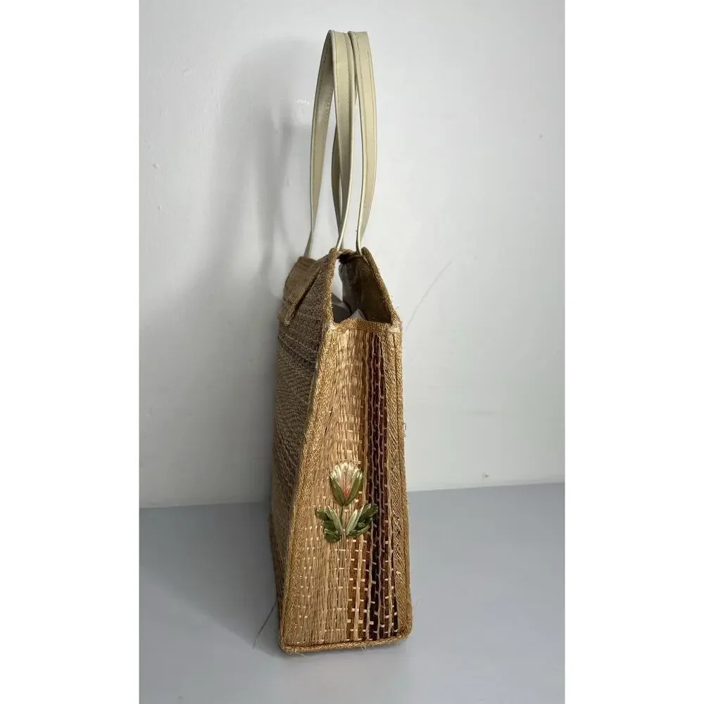 Vtg Straw Raffia Handbag Purse Bags by Whidby Embroidered Flowers Philippines